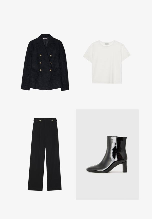 Juodas dvigubas švarkas su tekstūra, su dviem priekinėmis kišenėmis ir auksinėmis sagų detalėmis.; Balta trumpa rankovė T-marškiniai, pagaminti iš minkštos medvilnės. Charakterizuojami apvali kaklo iškirpte ir laisvu siluetu. Švarus dizainas be matomų raštų ar akcentų.; Juodi plačios kojos kelnės su aukštu liemeniu, sagų detalėmis ant liemens ir priekinėmis raukšlėmis.; Juodos lakuotos odinės aulinukės su smailiu pirštu ir vidutinio aukščio blokuotu kulnu. Lygus paviršius ir minimalistinis dizainas.