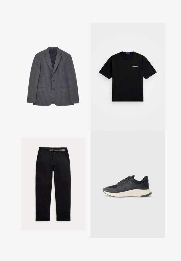 Grau gestreifte Anzugjacke mit zwei Knöpfen, Reverskragen und zwei Fronttaschen. Das Innenfutter hat einen marineblauen Stoff. Weiches Textilgefühl.; Schwarzes Baumwoll-T-Shirt mit Rundhalsausschnitt und kurzen Ärmeln. Mit "POLO SPORT"-Logo auf der linken Brust in Weiß. Normale Passform.; Schwarze Hose aus leichtem Material, mit einem elastischen Bund und einem integrierten grünen Gürtel, geradem Beinabschluss und seitlichen Taschen.; Schwarzer athletischer Sneaker mit einem Obermaterial aus Mesh mit Perforationen, einer strukturierten Zwischensohle in Creme und einer Gummisohle für besseren Halt.