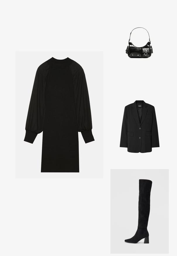 Sacou negru de la PIECES, cu guler ciupit, două buzunare frontale și închidere cu două butoni, fabricat dintr-un material neted.; Rochie neagră realizată dintr-un material cu textură canelată, cu mâneci suprapufă și guler înalt. Silueta este dreaptă și ajunge până la genunchi.; Cizme negre din suede, cu toc bloc, vârf ascuțit și un design neted, fără cusături, pe un fundal deschis.; Geantă de mână din piele lăcuită neagră, cu o formă curbată, un umăr, buzunare frontale și accente din metal argintiu.