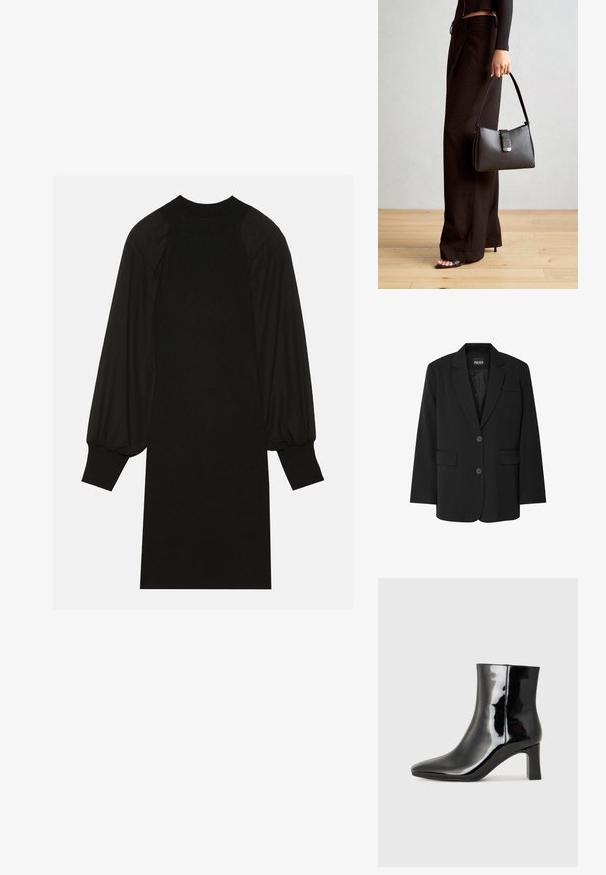Must väljakutse musta bleiserit brändilt PIECES, millel on lõige krae, kaks esikotti ja kahe nupu kinnitamine, valmistatud siledast kangast.; Mustmust kleit, millel on ribatud kangas, puffse varrukad ja kõrge kaelus. Siluett on sirge ja ulatub põlve.; Must-sinine nahkjalats musta läikiva viimistlusega, millel on terav nina ja keskmise kõrgusega plokk konts. Sile tekstuur ja minimalistik disain.; Must musta kott, millel on struktureeritud kuju, sile tekstuur ja metallist klamber. Kombineeritud laiate mustade pükstega ja avatud varvaste sandaalidega puidust põrandal.