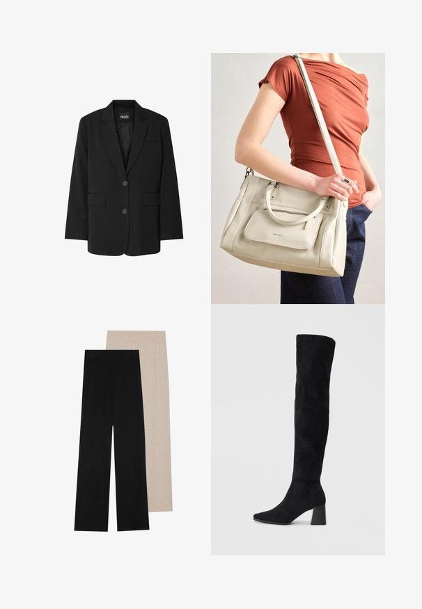 Musta bleiseri PIECESilta, jossa on viistetty kaulus, kaksi etutaskua ja kahden napin kiinnitys, valmistettu silkkisestä kankaasta.; Kermanvärinen pitkähihaisa paita, jossa on korkea kaulus, pehmeä pinta ja rento mitoitus. Saumattomat olkapäät ja suora helma, jossa sivuaukot.; Mustat ja beige leveälahkeiset housut, joissa on joustava vyötärö; pehmeä, kevyt kangas; sileä pinta; vähäiset saumat.; Musta samettinen polvipitkä saapas, jossa on lohkarekorko, terävä nilkka ja sileä, saumatonta muotoilua tasaisella vaalealla taustalla.; Valkoinen nahkainen käsilaukku, jossa on kaksinkertaiset kahvat ja irrotettava hihna. Edessä on vetoketjullinen tasku ja pinta on sileä. Laukkua kantaa henkilö kyynärvarressaan.