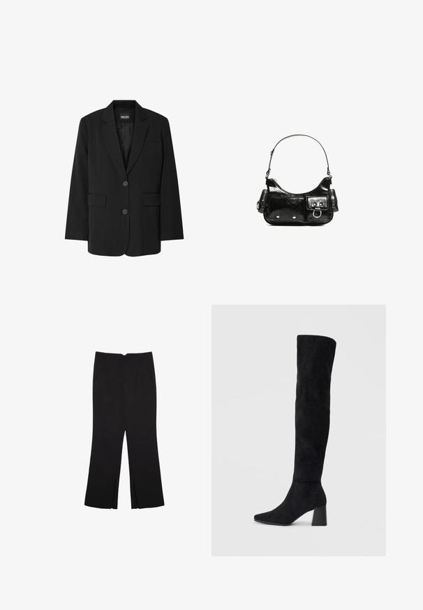Černý blazer od značky PIECES, který má klopový límec, dvě přední kapsy a zapínání na dva knoflíky, vyrobený z hladké látky.; Černý dlouhý rukáv top s off-shoulder výstřihem, propleteným designem látky na hrudníku a velkým mašlí vpředu.; Černé kalhoty s rovným střihem, s předními kapsami a bočními rozparky na lemu. Vyrobené z jemné, hladké tkaniny. Vhodné na různé příležitosti.; Černé semišové vysoké boty s blokovým podpatkem, špičatou špičkou a hladkým, bezšvovým designem na jednoduchém světlém pozadí.; Černá lakovaná kožená kabelka s křivkovým tvarem, jedním ramenním popruhem, předními kapsami a stříbrnými kovovými detaily.