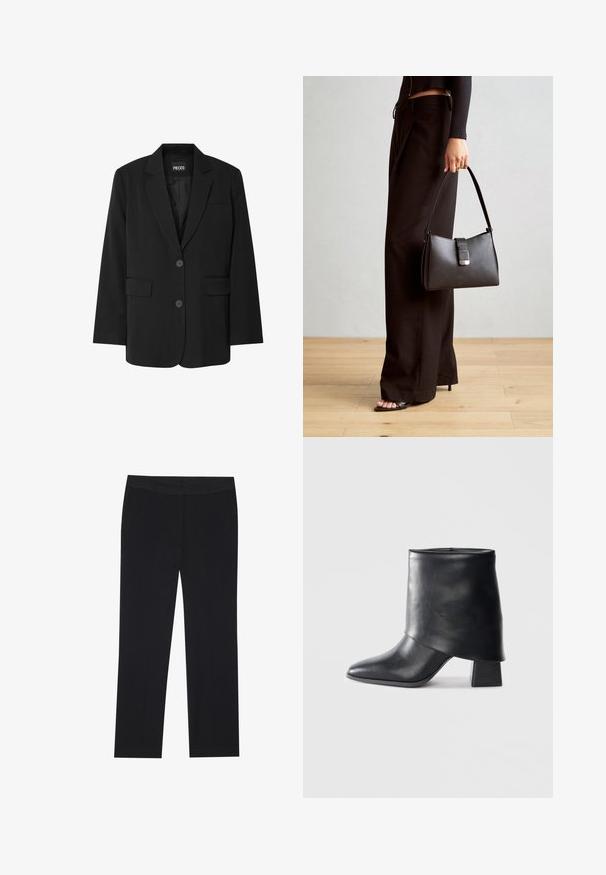 Črni blazer blagovne znamke PIECES, z ovratnikom s špicami, dvema sprednjima žepoma in zapiranjem na dva gumb, izdelan iz gladkega materiala.; Črn top z dolgimi rokavi, ki se ponaša z nabranimi detajli na sprednji strani in zapestjih. Narejen je iz mehkega, raztegljivega materiala z obliko čolnastega izreza.; Črne hlače s ravnim krojem, opremljene z stranskimi žepi in gladkim tekstilnim materialom. Minimalistično oblikovanje, čist pas.; Črne usnjene gležnjarje z izostrenim prstom, gladko teksturo in trdnimi blokastimi petami. Imajo visok, zložen manšeti.; Črna torbica z strukturirano obliko, gladko teksturo in kovinskim zaponko. Ujemajo se z širokimi črnimi hlačami in odprtimi sandali na lesenem tleh.