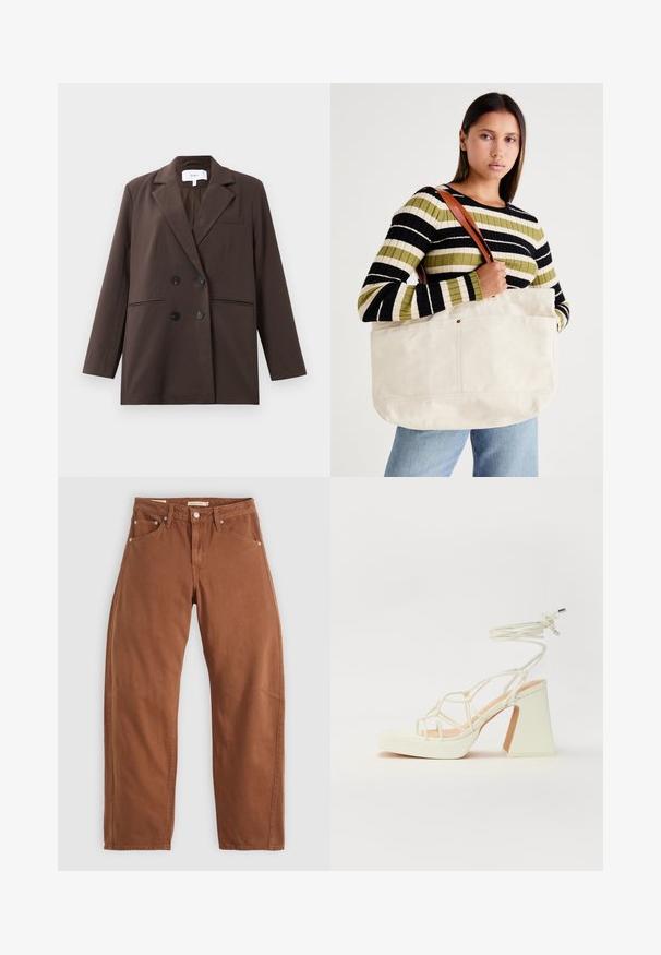 Pruun kahekordne bleiser mustade nööpidega, lõikega krae, pikad varrukad ja kolm esikotit, laotud valgele taustale.; Kaksik Eri pikkusega valge ja musta värvi pikkade varrukatega topsi. Ribikstruktuur, ümar kaelus, lihav disain, veidi laienevate varrukatega.; Rostpruun sirged püksid ees- ja taga-taskutega, metallist nurgad, nööbiga sulgemine ja vööloopidega, lamades tasaseks valgel taustal.; Valged kõrge kontsaga sandaalid, millel on paks konts ja rihmadega disain koos pahkluu sidumisega. Sile tekstuur ja platvorm ees, et lisada kõrgust.; Suur beežist kangast kott pruunide nahkrihmadega, millel on minimaalne disain ja nähtavad õmblusaktsendid.