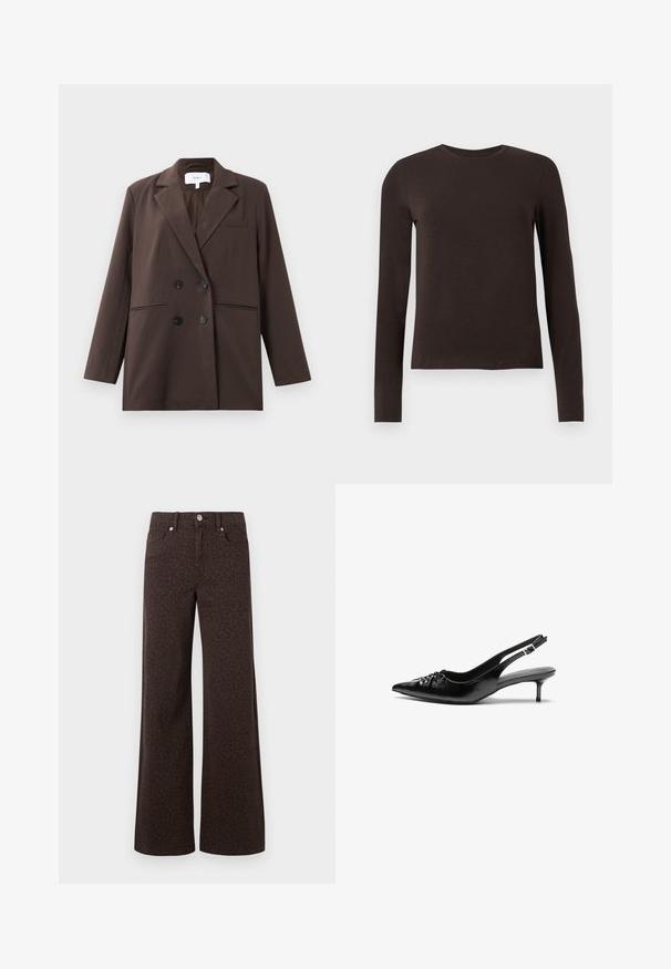 Blazer marrone doppiopetto con bottoni neri, rever a punta, maniche lunghe e tre tasche frontali, poggiato su uno sfondo bianco.; Maglietta a maniche lunghe color marrone scuro con collo a giro e vestibilità slim, mostrata su uno sfondo bianco semplice.; Jeans a gamba larga marroni con un sottile motivo leopardato, realizzati in denim con una texture morbida e un classico design a cinque tasche.; Tacchi slingback in pelle nera con punta affusolata, piccolo tacco kitten e un dettaglio a nodo decorativo sulla parte anteriore. Texture liscia su tutta la superficie.