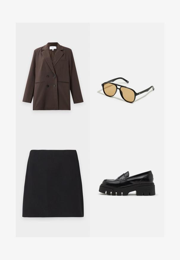 Hnědý dvouřadý sako s černými knoflíky, s klopami, dlouhými rukávy a třemi předními kapsami, položené na bílé pozadí.; Bílý žebrovaný top bez rukávů se černým vyšitým logem uprostřed hrudi. Výstřih a otvory na ruce jsou zakončeny jemným lemováním.; Černá mini sukně, rovný střih, hladká textilie, bez viditelných vzorů nebo ozdob, čisté okraje, bez kovových prvků. Jednoduchý design.; Černé kožené mokasíny s robustní texturovanou platformou a dekorativním páskem přes nárt. Hladký, lesklý povrch.; Černé sluneční brýle s hnědými tónovanými čočkami; obdélníkový tvar s tlustým rámem, včetně jemných kovových akcentů na stranách.; Hnědá pletená kabelka s texturovaným povrchem, zlatými kovovými prvky a dekorativními cvočky podél okrajů. Obsahuje řetízkový popruh.
