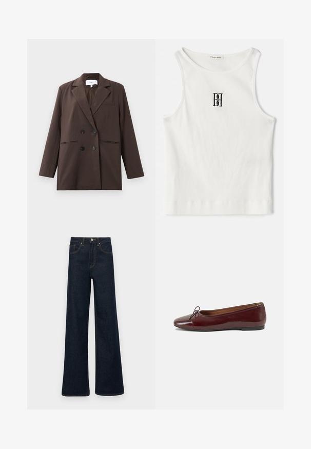 Rjav dvovrstni blejzer s črnimi gumbi, s klasičnim ovratnikom, dolgimi rokavi in tremi sprednjimi žepi, položen ravno na beli podlagi.; Bela rebrasta majica bez rukava s crnim izvezenim logotipom u središtu grudnog dela. Ovratnik i otvor za ruke su završeni suptilnim obradom.; Temno modri široki traper hlače z sprednjimi žepi, zanko za pas in gumbom za zapiranje.; Burgundska patenti usnjeni baletni čevlji z zaobljenim prstom, majhnim lokom na sprednji strani in nizkim črnim gumijastim podplatom. Gladka tekstura.