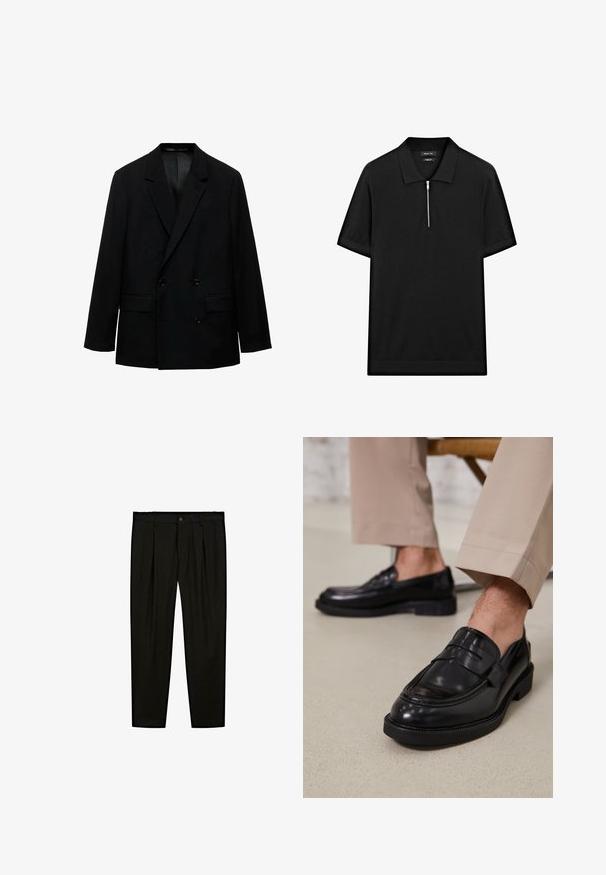 Czarna marynarka dwurzędowa wykonana z gładkiego materiału. Posiada klapy w kształcie notched, dwie przednie kieszenie oraz zapięcie na guziki. Dopasowany krój.; Czarna koszulka polo z krótkim rękawem, z kołnierzykiem stójkowym i zamkiem błyskawicznym z przodu. Wykonana z gładkiego materiału o czystym, minimalistycznym designie.; Czarne dopasowane spodnie wykonane z gładkiego materiału. Cechy to płaski przód, szerokie nogawki i zapięcie na guzik w pasie.; Czarne skórzane mokasyny o gładkim wykończeniu, z dekoracyjnym paskiem i kontrastowym szwem, w połączeniu z beżowymi spodniami.