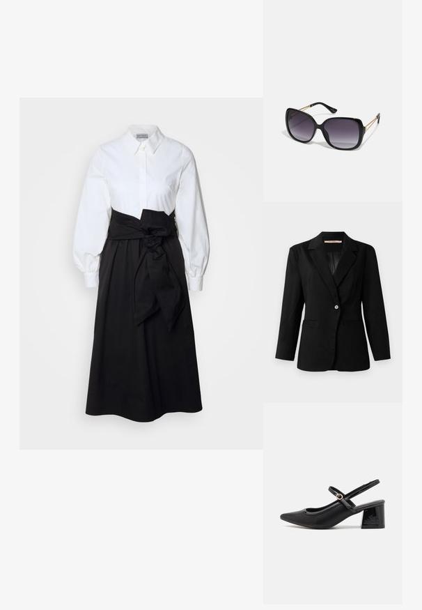 Melnas svītrains vienbuttona žaketes ar ieliektiem apkaklītes stiliem un divām priekšējām kabatām, izliktas uz vienkārša balta fona.; Balta pogu krekliņa blūze ar garām pūku piedurknēm, apvienota ar melnu svārku un auduma jostu, kas sasieta ap vidukli, izgatavota no gludas kokvilnas materiāla.; Melns patentēts ādas sandales ar norādīta pirksta formu, noapaļotu izgriezuma dizainu un bloķētu papēdi. Iezīmēta ar zelta toņa sprādzi.; Melni pārmērīgi lieli saulesbrilles ar gradāciju lēcām, biezām rāmja malām un zeltainas krāsas ķēžu detaļām uz tempļiem.