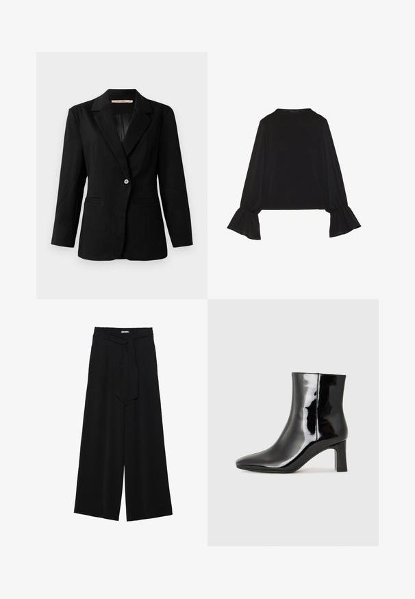 Blazer preto risca de giz com um botão e lapelas recortadas, com dois bolsos frontais, apresentado sobre fundo branco liso.; Top preto de mangas longas com punhos largos, textura suave e um corte descontraído, com um simples decote redondo.; Calças largas pretas com um tecido texturizado, uma cintura elástica e um laço destacável na cintura para um ajuste ajustável.; Botim de tornozelo em pele sintética preta com bico apontado e salto bloco de altura média. Textura suave e design minimalista.