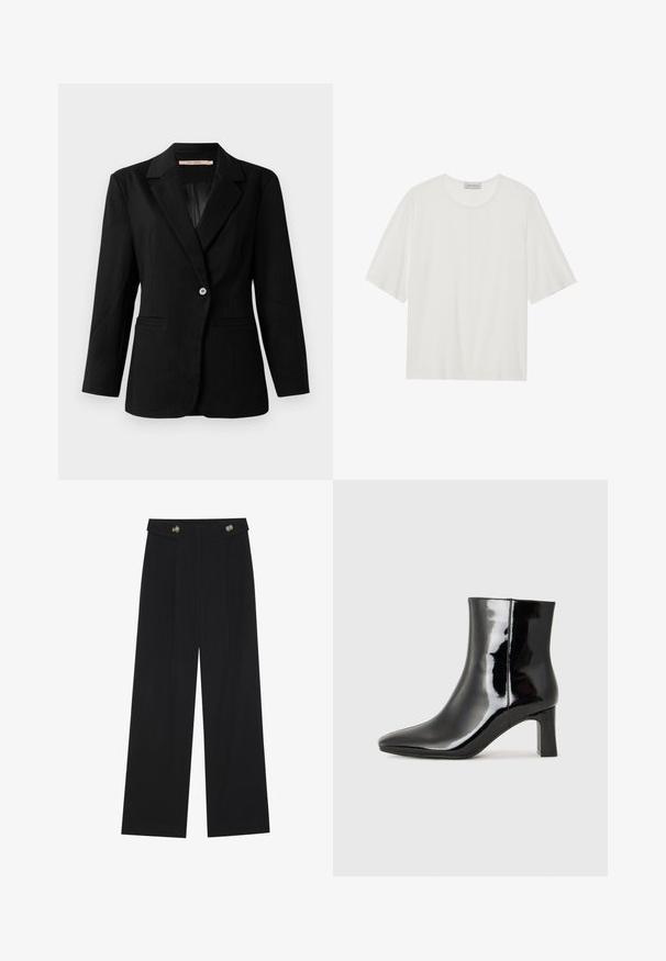 Black pinstripe single-button blazer with notched lapels and two front welt pockets, displayed on plain white background.; White short-sleeve t-shirt made of soft fabric. Features a rounded neckline and a slightly boxy shape. Smooth texture, minimal detailing.; Black wide-leg trousers with high waist, button details on waistband, and front pleats.; Black patent leather ankle boot with a pointed toe and a mid-height block heel. Smooth texture and minimalist design.