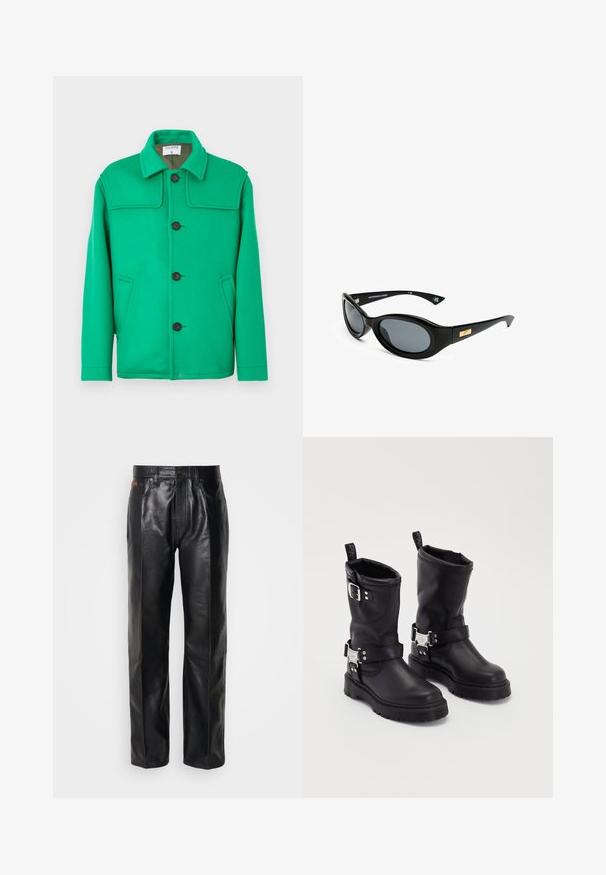 Chaqueta verde de mezcla de lana con cuello clásico, cierre de botones, dos bolsillos laterales y un diseño estructurado. Textura suave y peso medio.; Suéter negro de punto con un alto cuello y media cremallera. Patrón de waffle texturizado, puños ajustados y dobladillo inferior.; Pantalones de cuero negro con un diseño de pierna recta. Las características incluyen un cierre con botón y bolsillos delanteros, mostrando una textura suave y una costura mínima.; Botas de tobillo de cuero negro con suela resistente, que cuentan con una correa con hebilla lateral y herrajes decorativos. Textura suave con una lengüeta de tirón.; Gafas de sol negras con lentes ovalados, montura mate y un acento dorado en las patillas. Lentes gris oscuro que ofrecen protección UV.