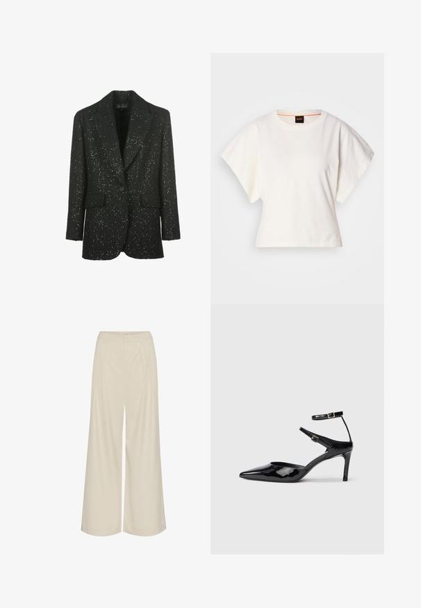Luisa Spagnoli SOLO - Blazer - nero; White cropped T-shirt, short wide sleeves, soft cotton material, round neckline with subtle orange trim, minimal design, no patterns or graphics.; Wide-leg trousers in a light beige fabric, featuring pleats, a high waist, and a smooth texture with no visible embellishments.; Black patent leather heels with a pointed toe, adjustable ankle straps, and a slender heel. Smooth texture with a shiny finish.