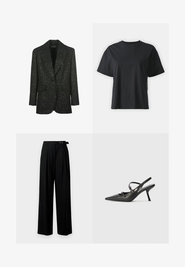 Luisa Spagnoli SOLO - Bleizeris - nero; Juoda trumpomis rankovėmis medvilninė marškinėliai su laisvu siluetu ir kontrastine šonine juostele, kurioje yra mažas tekstas ir dizaino detalės.; Juodos plačios kojų kelnės su aukštu liemeniu, priekinėmis klostėmis ir diržu su sagtimi. Pagamintos iš lygaus, lengvo audinio.; Juodi odiniai slingback kulniukai su smailiu pirštu, siauru kulnu ir dekoratyvine sagtimi viršuje. Lygus paviršius ir elegantiškas dizainas.