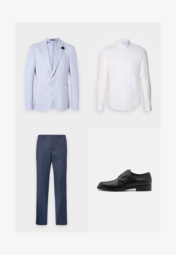 Kerge lavendlivärvi bleiser, mis on valmistatud tekstuurilisest kangast. Omab kahte esikotti, hõlmadega krae ja kahte nööpi. Kaasas must lilledeka. ; Valge pikkade varrukatega nööpidega särk, mis on valmistatud puuvillast, klassikalise krae, eest nööpide ja minimaalsete õmblusdetailidega.; Tumed sinine püksid, mis on valmistatud tekstuuriga kangast, sirgete jalgega, tasase esiosa ja kahe küljetaskuga. Ilma nähtavate mustrite või aksessuaarideta.; Musta nahast kleitking, kus on kaks pandlat, voolava silueti ja ümarate varvastega. Omab madalat kontsa ja siledat tekstuuri.