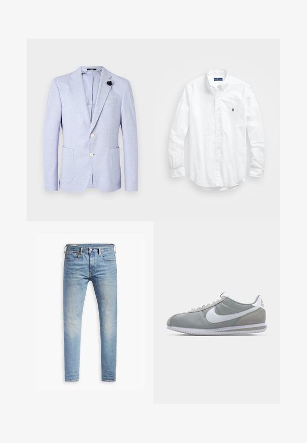 Blazer lavande clair en tissu texturé. Il comporte deux poches avant, des revers à cran et deux boutons. Inclut un accent en forme de fleur noire.; Chemise blanche à manches longues en coton. Dotée d'un col classique, de poignets à boutons et d'un petit logo brodé bleu marine sur la poitrine.; Jean slim bleu clair avec un léger délavage sur les cuisses, fermeture à bouton à l'avant, passants de ceinture et style à cinq poches sur fond blanc.; Chaussure de sport grise avec une tige en daim et textile, logo Nike en blanc et lacets blancs. Elle dispose d'une semelle en caoutchouc texturée et d'un collier rembourré.