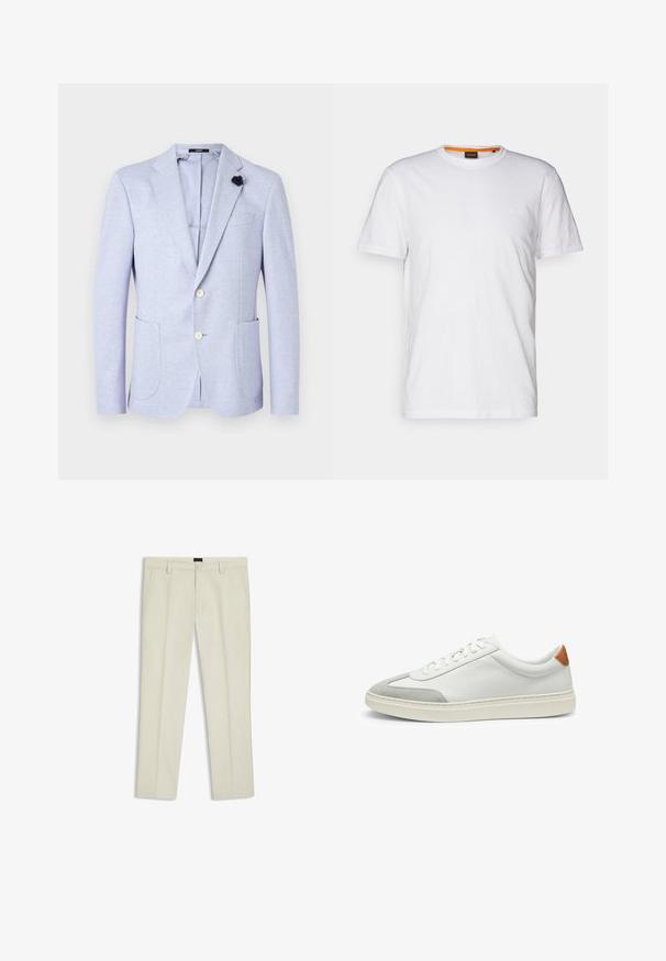 Licht lavendelkleurige blazer gemaakt van een gestructureerde stof. Bevat twee voorzakken, notch revers en twee knopen. Inclusief een zwart bloemenaccent.; Witte katoenen T-shirt met ronde hals, korte mouwen en een subtiel reliëflogo op de borst. Het binnenlabel heeft een oranje accent.; Beige katoenen broek met een rechte pasvorm, ritssluiting en voorzakken. Glad oppervlak en geen zichtbare patronen of versieringen.; Witte leren sneakers met grijze suede accenten en een tan leren hieltab. Kenmerkt zich door een textuurovervlak en een lichtgewicht zool.