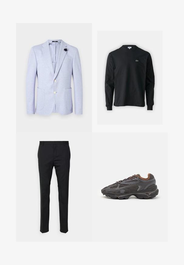 Svetlo sivovijoličast blazer, izdelan iz teksturirane tkanine. Ima dva sprednja žepa, zareznike in dva gumba. Vključuje črn cvetlični poudarek.; Črna dolgi rokavi majica iz bombaža, z okroglim ovratnikom in majhnim zelenim vezenim logotipom krokodila na levem prsnem delu.; Črne krojene hlače s ravnim krojem, izdelane iz gladkega materiala. Imajo zanke za pas in gubico spredaj.; Lacoste teniske v temno sivi barvi z mrežasto in sintetično prevleko, s teksturiranim podplatom in rjavimi detajli na ovratniku ter blagovni znamki.