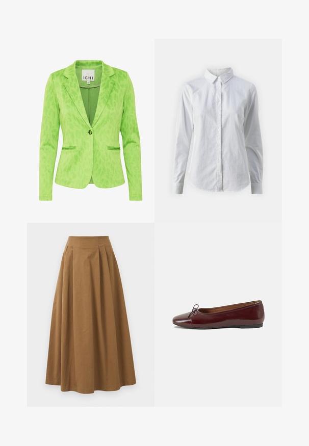 Zielona marynarka z teksturowanym wzorem w panterkę, z wyłamią kołnierza, dwoma przednimi kieszeniami i pojedynczym zapięciem na guzik.; Biała koszula zapinana na guziki, wykonana z gładkiej bawełny, z klasycznym kołnierzykiem, długimi rękawami i zaokrąglonym dołem. Guziki są małe i białe.; Brąskowa bawełniana spódnica w kształcie litery A z wysokim stanem, z plisami z przodu i gładką fakturą. Wykończenia dołu są czyste i proste.; Bordowe baleriny z lakierowanej skóry z zaokrąglonym noskiem, małą kokardką z przodu oraz niską, czarną gumową podeszwą. Gładka tekstura.