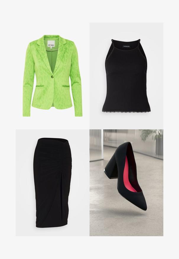 Zeleni blejzer z teksturiranim vzorcem leoparda, z izrezanim ovratnikom, dvema sprednjima žepoma in zapiranjem na en gumb.; Črn rebrast top brez rokavov z valovitimi čipkastimi robovi na dnu. Ima tanke naramnice in oprijet kroj. Narejen je iz raztegljivega materiala.; Črna, nabrana svinčnik krilo z detajlom v obliki traku in stranskim razporkom. Narejeno iz raztegljive tkanine, ki se ponaša z gladko teksturo in oblikovanjem, ki se prilega telesu.; Črne visoke petke z nazobčanim prstom, teksturirano površino in živahnimi rožnatimi notranjimi deli. Imajo robustno peto z srebrnim akcentom.