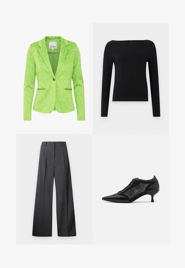 Žalias bleizeris su tekstūruotu leopardų raštu, turintis įpjautą apykaklę, dvi priekines kišenes ir vieno mygtuko užsegimą.; Juodas ilgomis rankovėmis viršus su laivu išpjova, pagamintas iš lygios medžiagos. Paprastas dizainas be raštų ar akcentų.; Tamsiai pilkos plačios kojos kelnės, turinčios aukštą liemenį, vieną raukšlę ir sklandžią tekstūrą su tvarkingais kraštais.; Juodi bateliai su smailiu pirštu ir tinklinėmis detalėmis, turintys žemą kulną ir raištelių uždengimą. Pagaminti iš odos ir tinklinės medžiagos derinio.