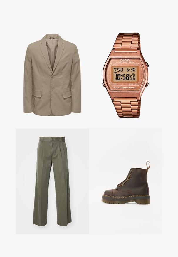 Beige Blazer mit Reverskragen, zwei Knöpfen, zwei Taschen vorne und einer Brusttasche. Hergestellt aus strukturiertem Stoff mit glattem Innenfutter.; Ärmellose Strickweste für Herren mit mehrfarbigen, horizontalen Fair-Isle-Mustern und braunen Rippbündchen am Kragen, Armausschnitten und Saum.; Olivgrüne Hose mit einem lockeren, weit geschnittenen Design und vorderen Falten. Hergestellt aus strukturiertem Stoff mit einem normalen Bund und ohne sichtbare Beschläge.; Braune Leder-Ankleboots mit runder Spitze, kontrastierenden gelben Nähten, dekorativen Metallösen und rutschfester Gummisohle.; Digitaluhr von Casio mit einem roségoldenen Metallarmband, rechteckigem Gehäuse, beleuchtetem Display und Wasserfestigkeit, zeigt Uhrzeit und Datum an.