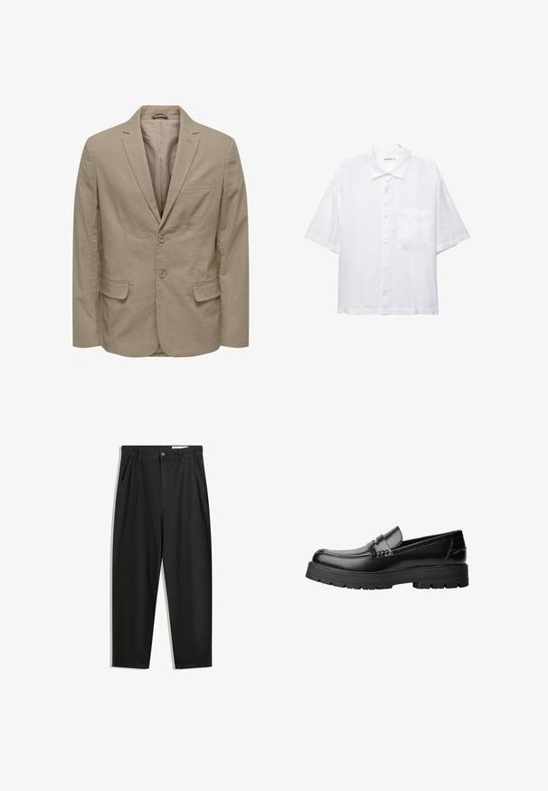 Blazer beige con revers a punta, due bottoni, due tasche frontali e una tasca sul petto. Realizzato in tessuto teksturizzato con una fodera interna liscia.; Camicia bianca a maniche corte con chiusura a bottoni, colletto e una singola tasca sul petto. Realizzata in tessuto leggero con una texture liscia.; Pantaloni in cotone neri con una vestibilità rilassata, dotati di una vita classica, pieghe frontali e tasche laterali. Tessuto liscio senza fantasie.; Mocassino in pelle nera con suola spessa e tassellata e fascia decorativa sulla parte superiore, mostrato in profilo sinistro su sfondo bianco.