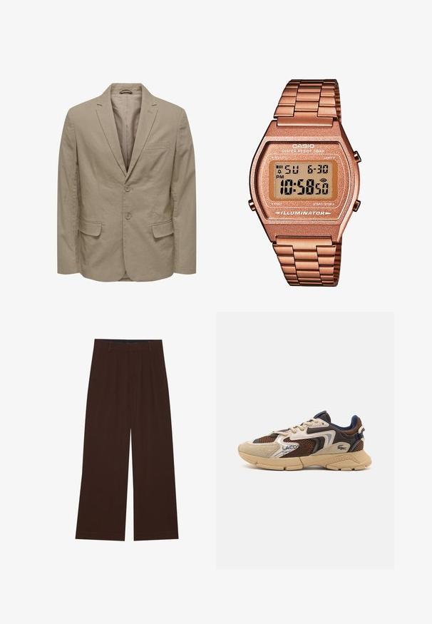 Beige blazer met een notch lapel, twee knopen, twee frontzakken en een enkele borstzak. Gemaakt van textuurstof met een gladde binnenvoering.; YOURTURN UNISEX 3 PACK BASIC OVERSIZED T-SHIRT - T-shirt basic - dark brown/off-white/dark grey; Bruine wijde broek met plooien. Gemaakt van een gladde stof, met een op maat gemaakt tailleband en zijzakken. Rechte zoom aan de onderkant.; Beige en bruine sneaker met gestructureerde meshpanelen, suède accenten en een rubberen zool. Bevat vetersluiting en merkdetails.; Digitale Casio horloge met een roségouden metalen band, rechthoekige kast, verlicht display en waterdicht, toont tijd en datum.