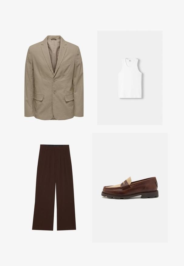 Beige blazer met een notch lapel, twee knopen, twee frontzakken en een enkele borstzak. Gemaakt van textuurstof met een gladde binnenvoering.; Witte katoenen tanktop met een ronde halslijn, brede schouderbanden en een rechte zoom, met een gladde textuur en zonder zichtbare patronen.; Bruine wijde broek met plooien. Gemaakt van een gladde stof, met een op maat gemaakt tailleband en zijzakken. Rechte zoom aan de onderkant.; Bruine leren instappers met een taupe canvasaccent, gestikte details en een gestructureerde rubberen zool die is ontworpen voor comfort en duurzaamheid.