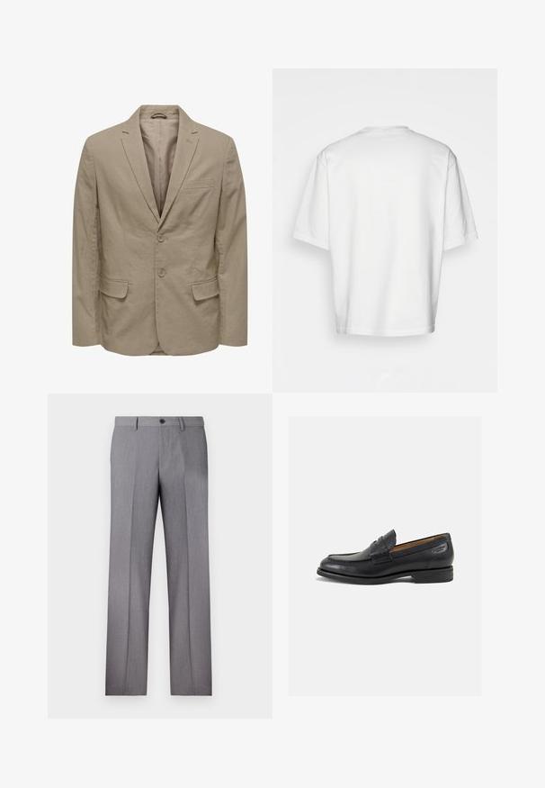 Beez blazer, millelõikega, kahe nööpiga, kahe esiseguga taskuga ja ühe rinnahosa taskuga. Valmistatud tekstuuriga kangast, millel on sile sisetald.; Valge lühikeste varrukatega T-särk, lõdva lõikega, ümar kaelus, sileda puuvillase kangaga, kaunistamata selg, sirge alläär, ilma mustrite või aktsентideta.; Hallidega hallid püksid, millel on lame eesmine osa, kaks küljetaskut ja ühesnupuline kinnitis. Sile tekstuur koos peene triibumustriga.; Mustad mustad nahast loafers, sujuva viimistlusega, ümar sirge ja dekoratiivne tikand peal. Madal ja kergelt kuhjatud konts ning kerge läige.