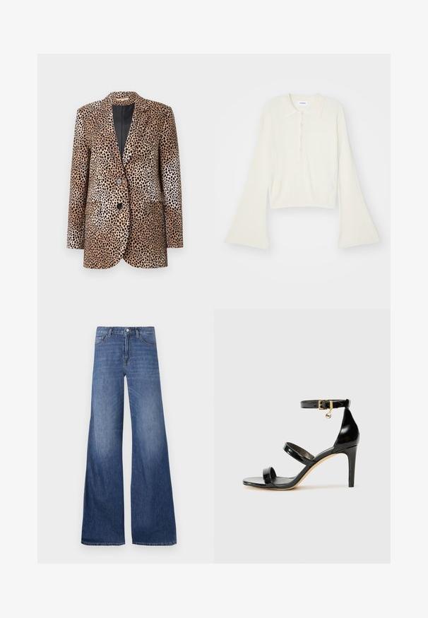 Blazer cu imprimeu de leopard în bej și negru, având două butoane, rever cu margini tăiate și buzunare laterale, realizat dintr-un material neted și lucios.; Tricou polo cu nervuri, de culoare crem, cu mâneci lungi și evazate, și clapetă cu cinci nasturi. Prezentă un guler cu o textură moale.; Blugi cu picioare largi, de culoare albastru mediu, cu cinci buzunare, curea pentru brâu și închidere cu nasture. Textură netedă cu o ușoară decolorare.; Sandale negre din piele lacuită, cu trei curele, cataramă la glezna și toc stiletto de 10 cm. Prezintă detalii din metal auriu și un charm cu logo.