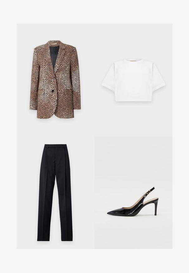Leopardmønster blazer i beige og sort, med to knapper, slidser og sidelommer, lavet af et glat, blankt stof.; KFrakelse hvid t-shirt lavet af blødt stof, med korte ærmer, rund halsudskæring og ribbede nederste detaljer. Enkel og udekoreret design.; Sorte bukser lavet af glat stof, der har høj talje, brede ben, frontfolder og klassiske bælteløkker. Ingen synlige sidelommer.; Sort patenteret læder slingback stiletto med spids tå, slank hæl og et subtilt udskæringsdesign. Har en gylden spænde på remmen.