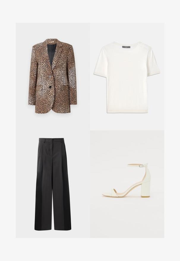 Blazer s printom leoparda u bež i crnoj boji, s dva dugmeta, izrezanim reverima i bočnim džepovima, izrađen od glatkog, sjajnog materijala.; Bijela kratkotrajna pletena majica s kratkim rukavima i okruglim izrezom, koja se odlikuje glatkom teksturom i suptilnim rebrastim detaljima na rukavima i rubu.; Crne široke hlače s visokim strukom, s prednjim nabranim detaljima, glatkom teksturom i krojenim završetkom. Dizajnirane za opušteni kroj.; Bijela kožna sandala na blok petu s remenom oko zapešća i minimalističkim dizajnom. Otvoreni nos i glatke teksture kroz cijelu obuću.