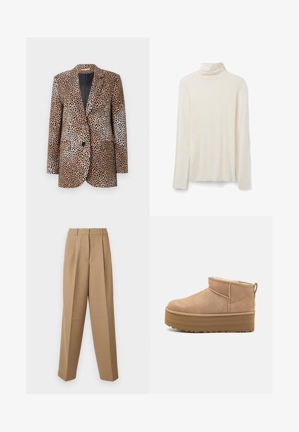 Blazer à motifs léopard en beige et noir, avec deux boutons, revers crantés et poches latérales, fabriqué dans un tissu lisse et brillant.; Chandail à col roulé crème à manches longues, fabriqué en tissu doux, avec un col ajusté et un design simple comportant des manches longues et un ourlet droit.; Pantalons beige ajustés avec une taille haute, une devant plissé et une coupe évasée. Le tissu semble lisse avec un léger éclat.; Bottines en suede beige avec un intérieur moelleux, dotées d'une semelle compensée et d'une languette à l'arrière pour un enfilage facile. Semelle extérieure en caoutchouc texturé.