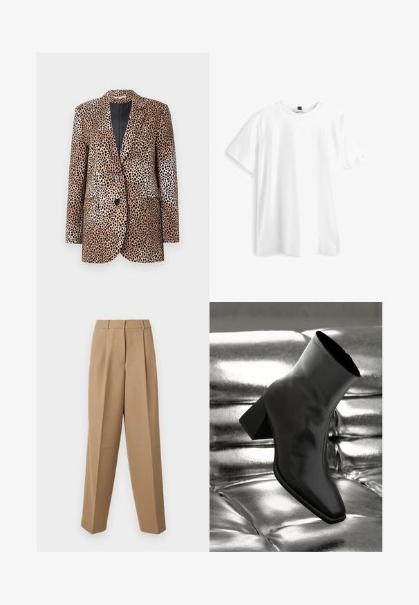 Beebi ja musta leopardimustriga bleiser, millel on kaks nuppu, lõigatud krae ja küljetaskud, valmistatud siledast ja läikivast kangast.; Valge lühikeste varrukatega T-särk, mis on valmistatud puuvillast, omades ümmargust kaelust, sirget allääret ja pehmet, siledat tekstuuri. Ilma mustrite ja graafikata.; Beige ülihästi istuvad püksid kõrge vöökohtaga, kortsunud esiosas ja laia säärega lõikega. Kanga pind näeb välja sile ja kerge läikega.; Must musta narmand, läikiva materjali ja ruudukujulise varbaga ning kitseneva kontsaga, paigutatud läikiva hõbedaselt tuftitud tausta ette.