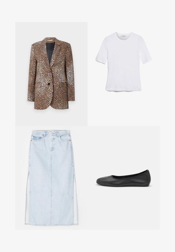 Beige ja musta leopardimustriga bleiser, millel on kaks nööpaukku, lõikega krae ja küljetaskud, valmistatud siledast, läikivast kangast.; Valkoinen lyhythihainen t-paita, joka on valmistettu ribbytedusta kankaasta. Pyöreä pääntiie, normaali istuvuus ja hienovaraiset ompeluyksityiskohdat. Ei kuvioita tai grafiikkaa.; Vaaleansininen farkkumaxi-hame, jossa on suora leikkaus, sivuaukot ja viisitaskumallinen muotoilu. Korostetut saumat ja metallinappikiinnitys.; Musta nahkainen ballerina, jossa on pyöristetty kärki, sileä pinta, minimaalinen ommelkoristelu ja joustava pohjamuotoilu.