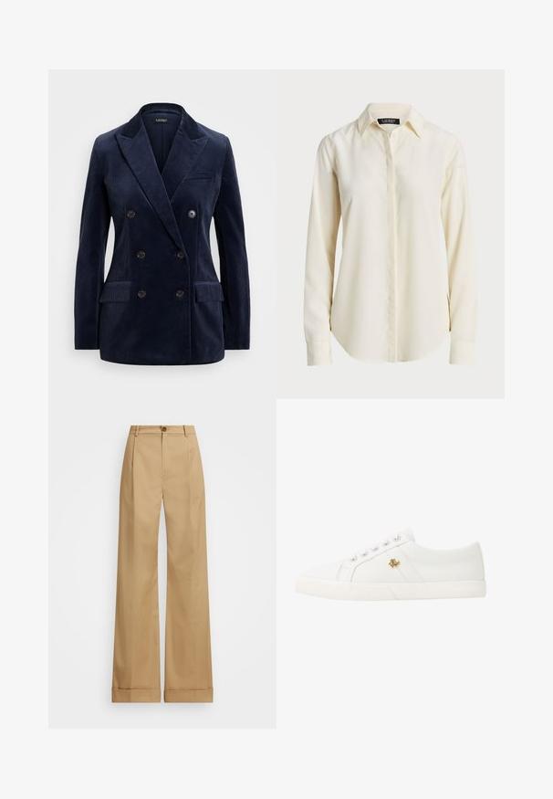 Blazer azul marinho de corduroy, de dupla abotoadura, com lapelas recortadas, dois bolsos frontais, quatro botões e um design elegante e estruturado.; Camisa de manga longa de cor creme clara com colarinho pontiagudo, frente com botões e textura suave; apresenta uma bainha arredondada e corte ajustado.; Calças largas beje com fecho de botão, apresentando uma textura suave e pregas vincadas. Bainhas com punho para um detalhe adicional.; Lauren Ralph Lauren JANSON II CANVAS SNEAKER - Sapatilhas - optic white