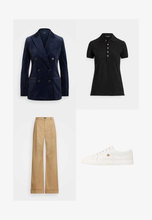 Laivyno mėlynos spalvos švarkas su dvigubu užsegimu, iškirptėmis atvarto detalėmis, dviem priekinėmis kišenėmis, keturiais mygtukais ir elegantišku, struktūrizuotu dizainu.; Juoda polo marškinėliai iš tekstūruotos medžiagos, turintys apykaklę, trumpas rankoves ir apatinę dalį su auksiniais mygtukais. Švelnus logotipo detalė ant krūtinės.; Šviesiai rudos plačios kojinės kelnės su mygtuko uždarymu, pasižyminčios lygia medžiaga ir prispaustomis raukšlėmis. Kantai yra su apvadu, suteikiančiu papildomą detalę.; Lauren Ralph Lauren JANSON II CANVAS SNEAKER - Sportbačiai - optic white