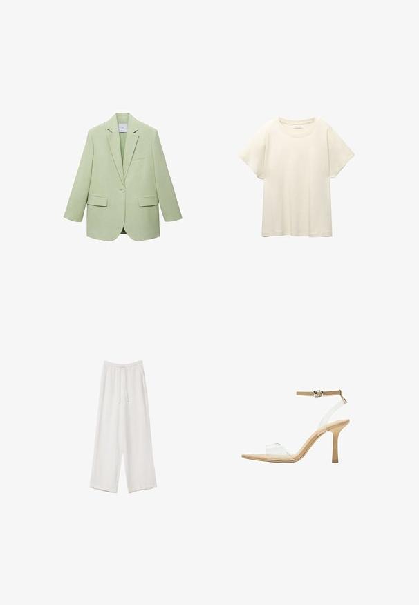 Světlý zelený blejzr se strukturovaným designem, zapínáním na jediný knoflík, klopovými límci a dvěma předními kapsami. Hladká textilie.; Svetle béžové tričko s krátkým rukávem a kulatým výstřihem, vyrobené z jemné, hladké tkaniny. Má uvolněný střih a rovný lem.; Bílé široké kalhoty vyrobené z lehké tkaniny. Mají elastický pas se šňůrkou a boční kapsy. Hladká textura.; Průhledná sandálová obuv s průhledným svrškem, béžovou stélkou a štíhlým páskem kolem kotníku. Má špičatou špičku a tenký vysoký podpatek.