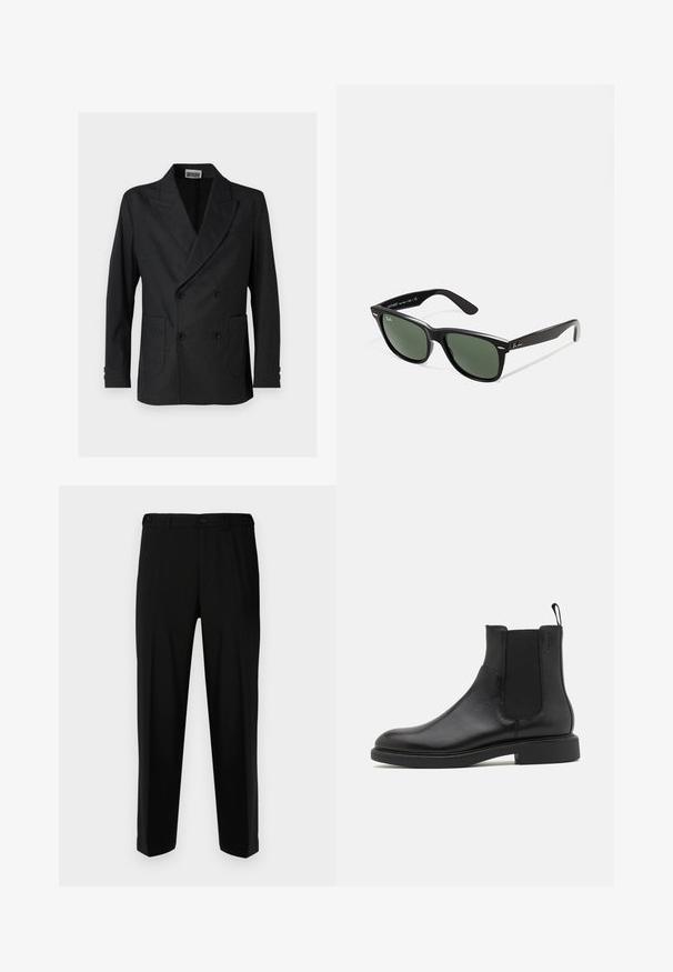 Dwurzędowa czarna marynarka wykonana z wysokiej jakości tkaniny, z wylotami na klapy, dwoma przednimi kieszeniami oraz guzikami na mankietach. Czysty, dopasowany design.; Bordowa koszula polo z długim rękawem z kremowym kołnierzykiem i mankietami, z zapięciem na guziki oraz okrągłym logo "Prohibited Berlin" na lewej piersi.; Czarne spodnie wykonane z gładkiego materiału, o prostym kroju, z dwoma przednimi kieszeniami oraz zapięciem na zamek błyskawiczny i guzik.; Czarny skórzany botek za kostkę o gładkiej fakturze, z elastycznymi bocznymi panelami i pętelką do zakupu. Okrągły nosek i płaska gumowa podeszwa z minimalnym bieżnikiem.; Czarne plastikowe okulary przeciwsłoneczne z zielonymi szkłami, kwadratowe oprawki, srebrny akcent na brwi oraz fakturowane ramiona temple. Nazwa marki podana na wewnętrznej stronie ramion.