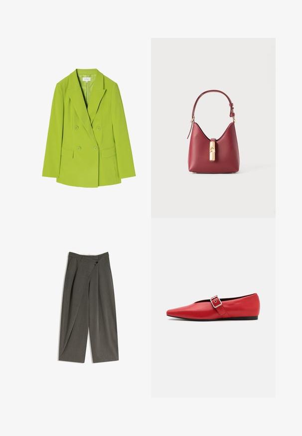 Doppelt geknöpfter Blazer aus leuchtend grünem Stoff, mit Reverskragen, zwei Vorderaschen und Knopfschluss. Glatte Textur und maßgeschneiderte Gestaltung.; Hemd mit floralem Muster auf hellrosa Hintergrund, das grüne Blätter und verschiedene bunte Blumen zeigt. Mit Knöpfen, lange Ärmel.; Weite Hosen aus einem dunkelgrauen Stoff. Mit flachem Bund, seitlichen Taschen und einem einzelnen Knopfverschluss. Glatte Textur, taillierte Passform.; Rote Leder-Ballerina mit einer spitzen Zehe, ausgestattet mit einem Seitenriemen mit einer Metallschnalle und einem niedrigen schwarzen Absatz. Glatte Textur über die gesamte Fläche.; Rote Lederhandtasche mit einer markanten, geschwungenen Form, verstellbarem Tragegurt und goldfarbener Verschlussdetail auf der Vorderseite. Glatte Textur, minimales Design.; Goldfarbene Michael Kors Uhr mit rundem Gehäuse, Metallarmband, minimalistischem Zifferblatt, drei Teilzifferblättern und Datumsanzeige auf 6 Uhr.