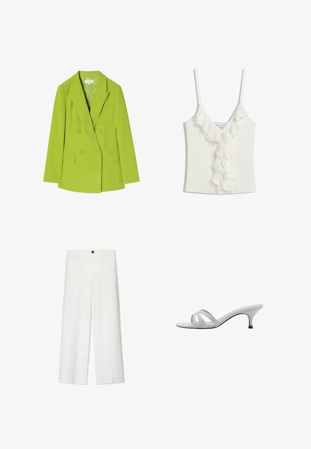 Double-breasted blazer in bright green fabric, with notched lapels, two front pockets, and button closure. Smooth texture and tailored design.; White sleeveless top with a V-neckline, featuring ruffled accents down the center. Made from a soft, textured fabric.; White, wide-leg trousers with a smooth texture, featuring a front button closure and belt loops, tailored for a relaxed fit.; Light gray heeled sandals with three crisscross straps, a slim profile, and a tapered heel. Smooth texture with a slightly shiny finish.