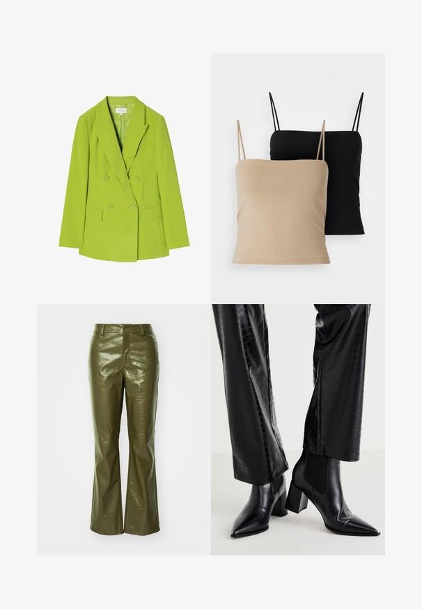 Dubbelzijdige blazer van felgroene stof, met gegolfde revers, twee voorzakken en een knoopsluiting. Glad textuur en op maat gemaakte ontwerp.; Twee cami's: één beige en één zwart. Beide hebben dunne bandjes, een aangesloten ontwerp en een zachte, gladde textuur.; Olijfgroene neplederen broek met een krokodillenstructuur, voorzien van een aansluitende taille en uitlopende benen. Het materiaal heeft een glanzende afwerking.; RAID NEMMA - Lage laarzen - black metallic