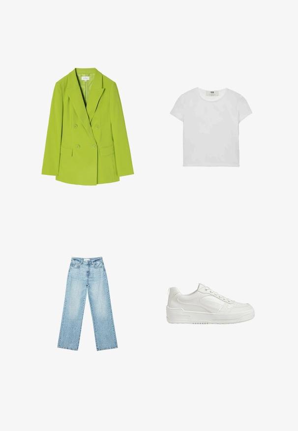 Doppelt geknöpfter Blazer aus leuchtend grünem Stoff, mit Reverskragen, zwei Vorderaschen und Knopfschluss. Glatte Textur und maßgeschneiderte Gestaltung.; Weißes T-Shirt mit kurzen Ärmeln und Rundhalsausschnitt, aus weicher Baumwolle gefertigt, mit einem schlichten, sauberen Design ohne sichtbare Muster oder Akzente.; Helle blaue Denim-Jeans mit weitem Bein und hoher Taille, im lässigen Look mit einem ausgewaschenen Finish und kleinen, verstreuten Used-Effekten.; Weiße Leder-Sneaker mit glatter Textur, gepolstertem Knöchel und durchlöchertem Zehenbereich. Verfügt über eine leicht erhobene Gummisohle und Schnürdesign.