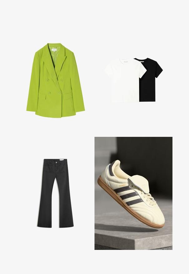 Blazer doppiopetto in tessuto verde brillante, con rever a punta, due tasche frontali e chiusura con bottoni. Texture liscia e design su misura.; Due magliette a maniche corte, una bianca e una nera, realizzate in cotone. Entrambe presentano un colletto rotondo e un design semplice e classico.; Jeans neri a campana realizzati in denim con una texture liscia, dotati di due tasche posteriori e chiusura con bottone in vita.; Sneaker in pelle crema con tre strisce scure, suola in gomma marrone e punta arrotondata. Presenta una linguetta pieghevole etichettata "SAMBA".