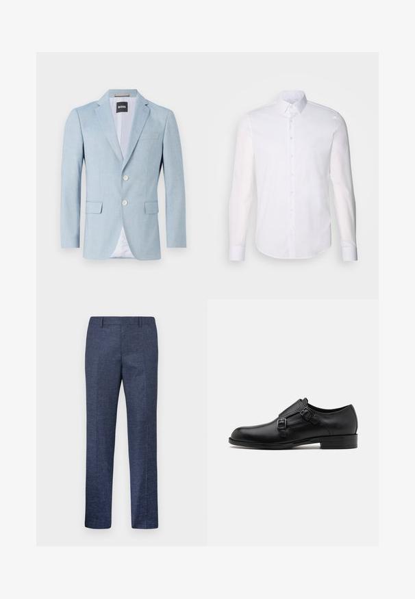 Lyseblå blazer med slått krage, to frontlommer og to knapper. Laget av teksturert stoff med innvendig fôr.; Hvit langermet skjorte med knapper laget av bomull, med klassisk krage, frontknapper og minimal sømdetalj.; Marineblå bukser laget av et teksturert stoff, med rette ben, flat front og to sidelommer. Ingen synlige mønstre eller detaljer.; Sorte lærdressko med doble spenner, slank silhuett og rund tå. Har lav hæl og glatt tekstur.