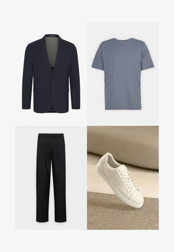 Tamsiai mėlynas bleizeris iš lygaus audinio su įpjautomis atlapais, dviem priekinėmis kišenėmis, vienu mygtuko užsegimu ir šviesios spalvos vidiniu pamušalu.; Pilkas trumpas rankovėmis marškinėliai su apvaliu kaklu, pagaminti iš švelnaus medvilnės mišinio. Paprastas dizainas, be raštų ar akcentų.; Juodi kelnių modeliai, pagaminti iš lygios medžiagos, turi tiesią kojas, du priekiniai klostės ir standartinę juosmenį su diržo kilpomis.; Balta odinė sportinė avalynė su baltais raišteliais, išdėstyta ant rausvo tekstūruoto paviršiaus ir minkšto neryškaus fono.