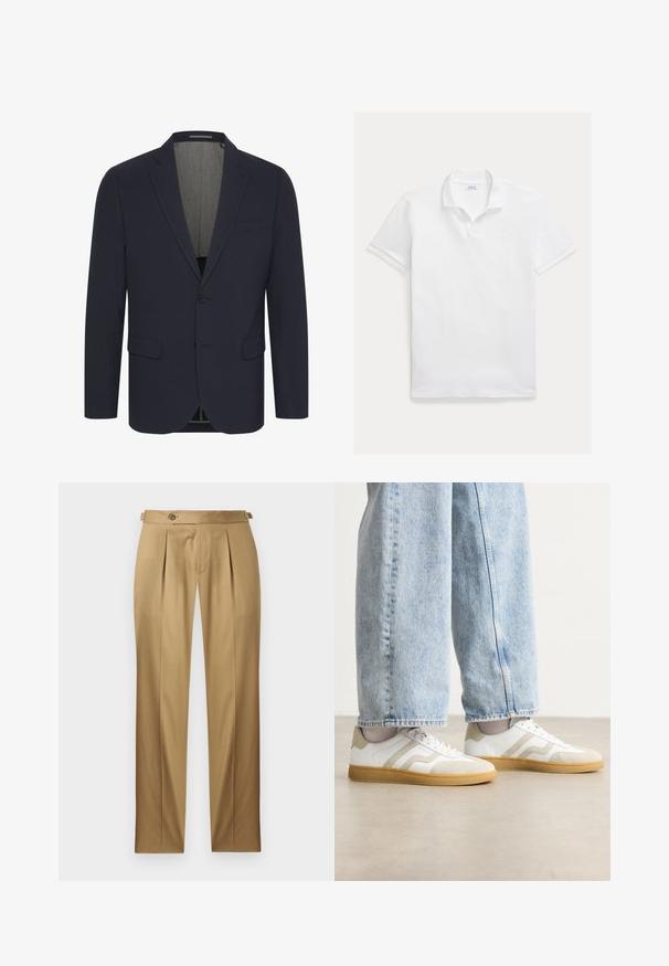 Námořnický modrý blazer z hladké látky s klopovým límcem, dvěma předními kapsami, zapínáním na jeden knoflík a světlou podšívkou.; Bílá polokošile z bavlny. Má klasický límec, krátké rukávy a vyšívané logo na hrudi. Hladká, lehká textura.; Béžové kalhoty s přímým střihem, které mají záhyby, zapínání na knoflík a poutka na pásek. Hladká tkanina s čistým, upraveným vzhledem.; Bílé tenisky s béžovými semišovými akcenty a světlými gumovými podrážkami; mají nízký střih a strukturované detaily na svršku.