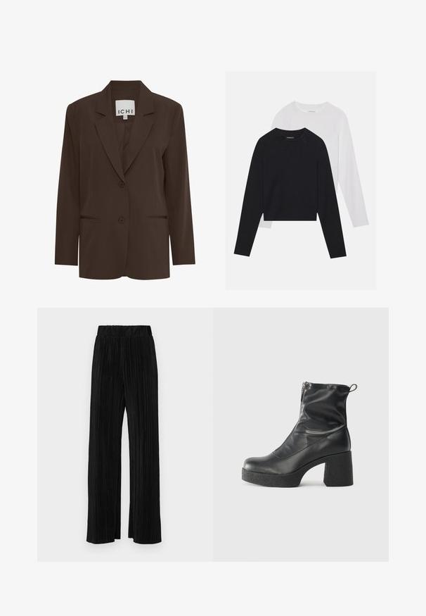 Brūns, piegriezuma bleizeris ar izgrieztu apkakli, divām priekšējām pogām un divām diskretām kabatām; gluda auduma ar strukturētu piegriezumu.; Divas garām piedurknēm krekli: viens melns un viens balts. Abiem ir apaļa izgriezne, raglanu piedurknes un mīksta kokvilnas maisījuma audums.; Melni plīšu bikses ar elastīgu jostu. Tām ir platākas kājas un gluda, teksturēta auduma ar vertikālām svītrām.; Melni potītes zābaki, kas izgatavoti no gludas ādas, ar sānu rāvējslēdzēju, masīvu strukturētu papēdi un noapaļotu purngalu.