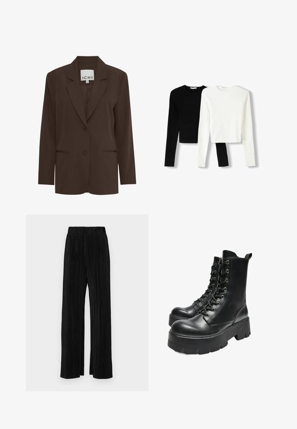 Bruine, op maat gemaakte blazer met een notch-revers, twee voorknopen en twee discrete zakken; soepele stof met een gestructureerde pasvorm.; Twee cropped tops met lange mouwen, één zwart en één wit, gemaakt van een gladde stof met ronde halslijnen en een aansluitend ontwerp.; Zwarte geplooide broek met een elastische tailleband. Beschikt over wijde pijpen en een glad, gestructureerd stof met verticale strepen.; Bershka TRACK - Enkellaarsjes met plateauzool - black